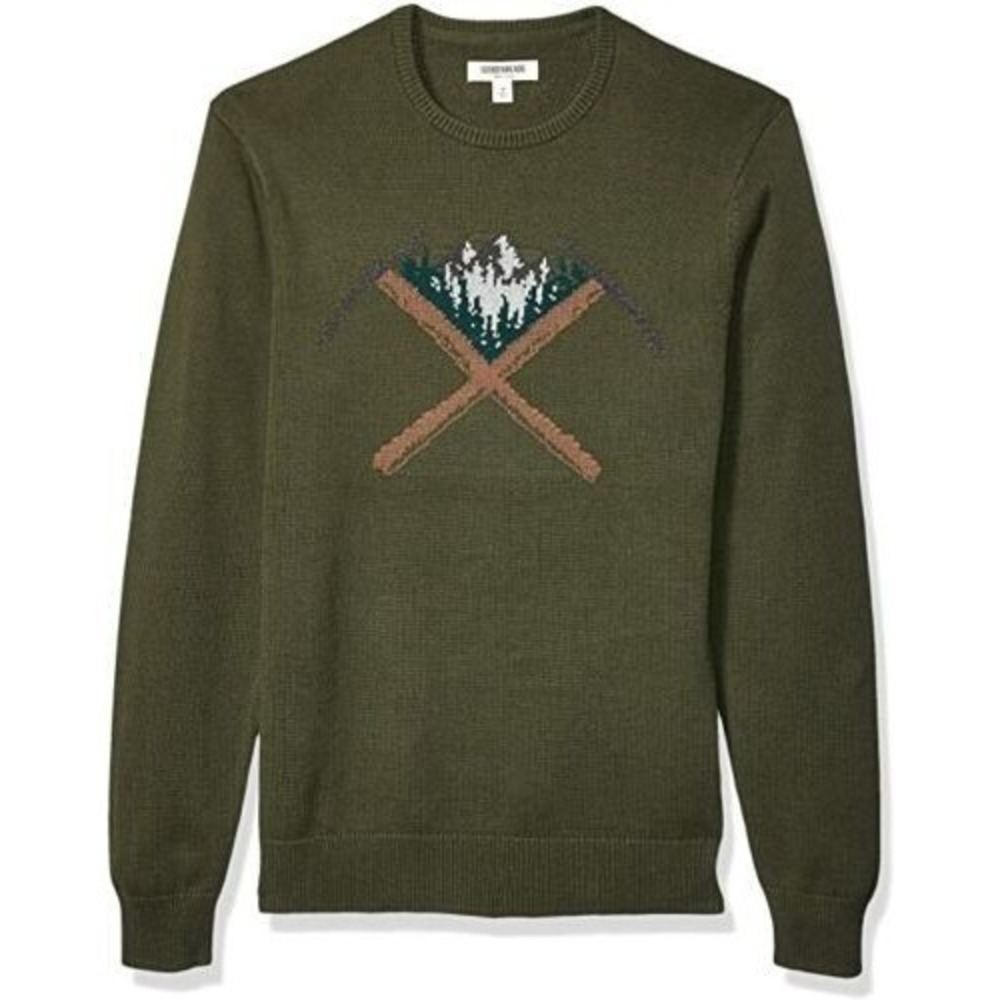 Goodthreads Men's Soft Cotton Graphic Crewneck Olive Green Sweater Size S